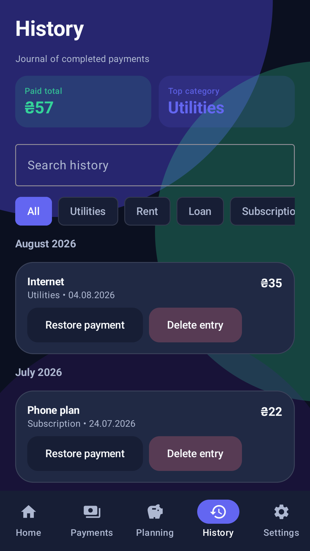 Budget Buddy payment history screen