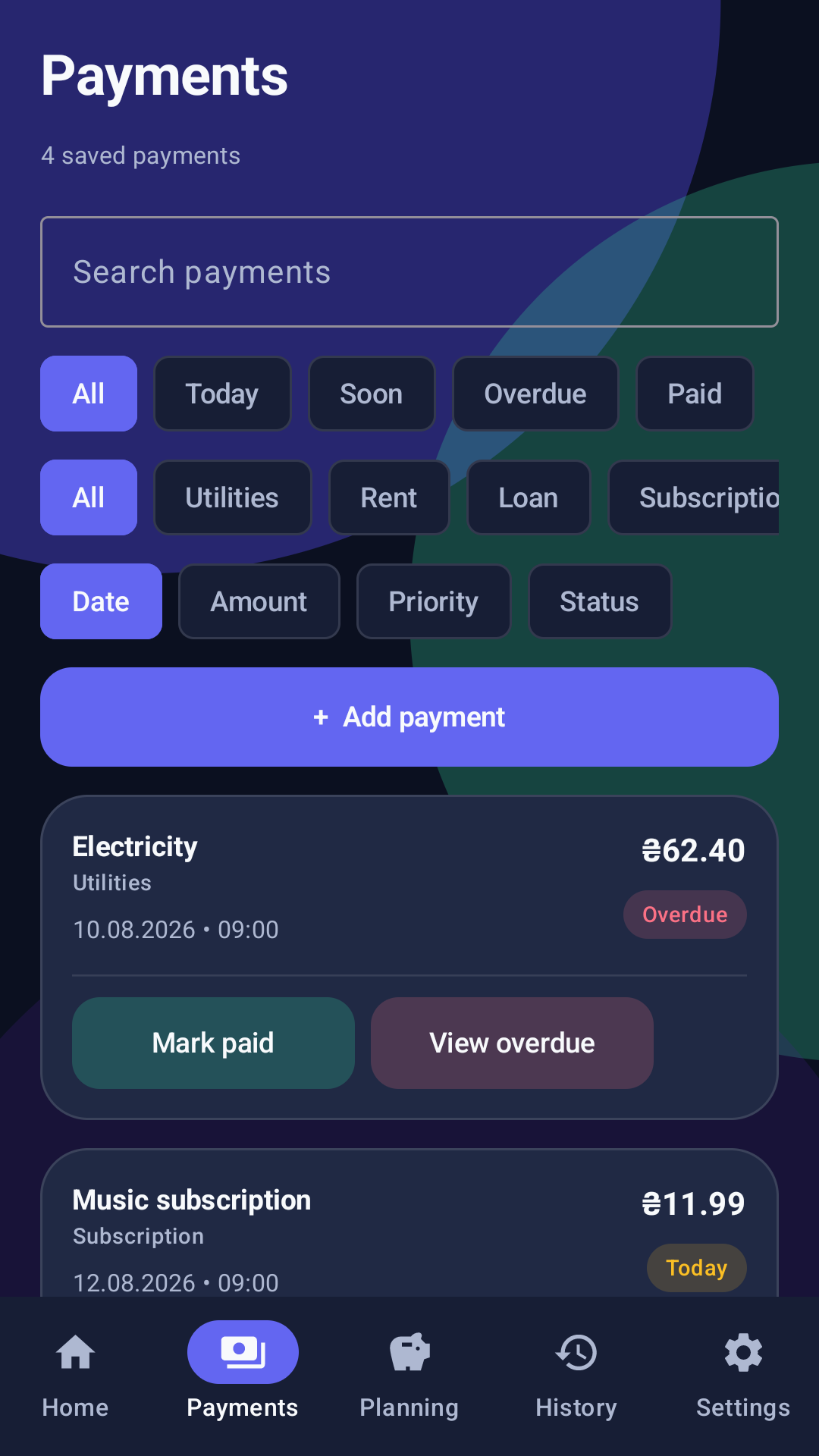 Budget Buddy payments screen